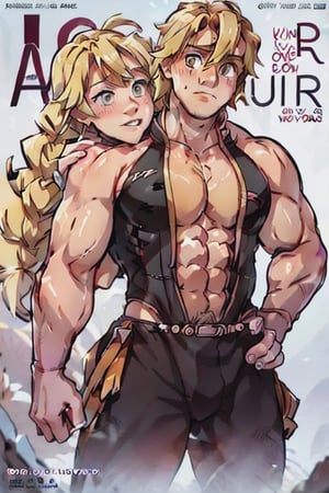 The Muscled Blonde Man posing with his girlfriend (a beautiful woman) for a magazine cover. Couple Pose.