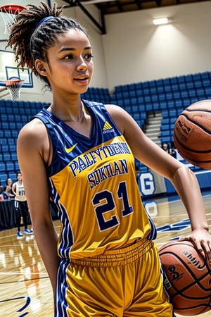 A Woman playing Basketball on a competition.
