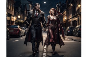 Lord Dracula and his Lady Dracula are walking on the streets at night. Portrait mode. ,4rmorbre4k