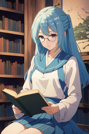 An anime woman reading a book. anime style.