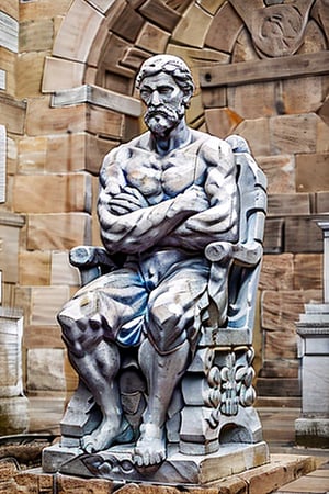 A statue of Socrates sitting thinking on his chair.