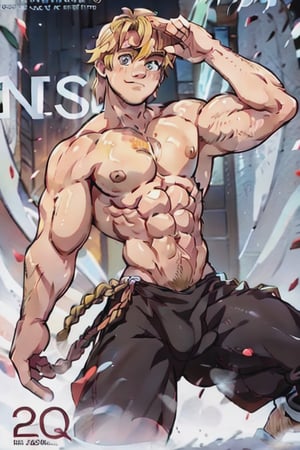 The Muscled Blonde Man posing for a magazine cover. Overpowered Pose.