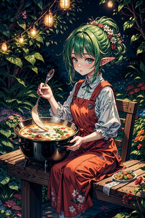 A loli girl half elf wizard who loves cooking, petite, small body, chibi, puffy cheeks, sitting in a serene garden surrounded by lush herb patches, delicate flowers, and whimsical fairy lights, stirring a cauldron atop a rustic stone stove, the fragrance of herbs and blossoms mingling in the air, a tranquil and magical setting, intricate details of their cooking tools,EnvyBeautyMix23
"CharacterSheet"