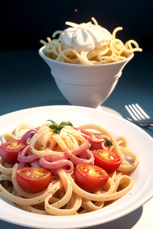 centered, a dish of pasta carbonara, tomatoes slices, some cheese on pasta, tasty looking, simple background, | depth of field, bokeh, | smooth detailed shadows, hyperealistic shadows, (saturated colors:1.2) | (game cg, unreal engine, pixar style), (3d model), 