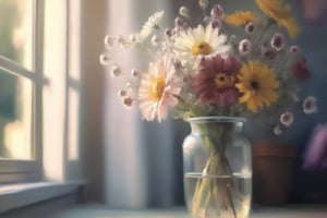 Impressionism oil painting of A warm and inviting indoor scene: a blurred background of cozy curtains and serene scenery. A beautiful arrangement of flowers in a charming glass flower pot. Soft sunlight filters through the window, creating a shallow depth of field that highlights the petals' intricate details.