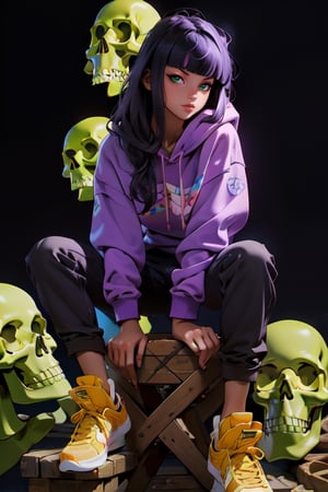 (masterpiece), (full body portrait), oil painting style, girl sitting on a skull, hyper-detailed face, a girl with long rainbow hair with bangs, very pale skin, wearing a purple hoodie, dark background in underground cellar, highly detailed, realistic,Fechin