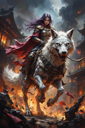 Against a backdrop of fiery devastation of a miserable village, a female ninja samurai clad in armor with flowing dark purple hair riding on a powerful 9-tailed white fox, its skeletal visage snarling beneath armored plating as flames erupt from burning house. The warrior's determined grip on reins conveys unstoppable momentum amidst swirling dust and debris. Shining cape and illuminated armor highlights contrasted against the dark fantasy setting.,Vibrant Visual