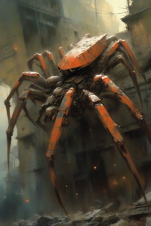 Stunning oil painting by bill sienkiewicz,  jeremy mann. A sci-fi, realistic high-definition photo depicting a solo spider-inspired combat eight-legged armored vehicle navigating through a street filled with crumbling ruins and debris. The vehicle's design resemble a deadly spider, with a ember and titanium body, visibly worn with scratches, battle scars, and bullet holes. Its two mechanical pincers are raised in a menacing pose. The most distinct feature is the front jaws, articulated and imposing, ending in a sharp, pointed tips. This  structure is designed to channel energy and fire a vivid, straight laser beam directly from its tip, emphasizing its offensive capability. The laser emission is the key highlight, underscoring the spider design's deadly nature as it pierces through the chaotic.