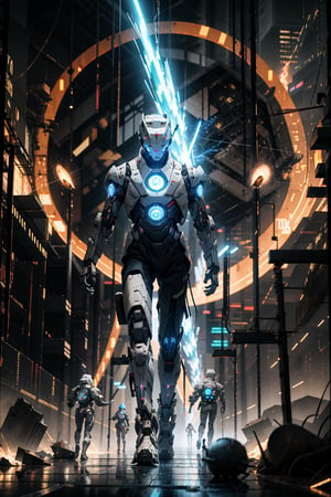 Amidst the neon-lit cityscape, a black and white cyborg strides forward, towards the viewer, an embodiment of power and equilibrium. His armor shimmers with a blend of circuitry and ancient motifs. As he charges ahead, his colossal mace strikes the ground, sending shockwaves of energy rippling through the cyber-metropolis. Debris rises, forming a temporary barrier, while the ground cracks with technicolor brilliance. The urban environment bows to his presence, as he carves a path through the war zone, eye contact, 3d_portrait, futubot 