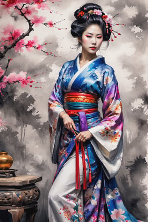 full-body psychedelic picture .Generate hyper realistic image featuring an ink wash painting of a beautiful Geisha dressed in glamour kimono, surrounded by traditional decorations, creating an evocative piece reminiscent of classical Asian art, intense colors, vibrant colors, chromatic aberration, UHD, 8K