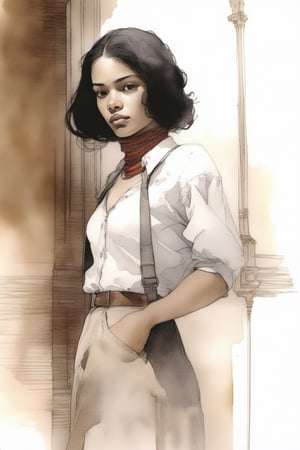 an ink wash and watercolor portrait of a 20yo beautiful lady, Latino, full body shot from low angle, in the old town of Prague, art by Gabriel Pacheco, Douglas Smith , Bill Sienkiewicz, and Jean Giraud Moebius, natural color, sharp focus, ethereal and filled with wonder