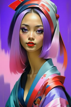 Portrait  of a beautiful girl, (hispanic girl), in the style of geisha, (misery purple eyes), (traditional kimono clothing), long ember hair, slender body, beautiful smile, face blulsh, freckles, (by james jean $, roby dwi antono $, ross tran $. francis bacon $, michal mraz $, adrian ghenie $, petra cortright $, gerhard richter $, takato yamamoto $, ashley wood $,art_booster