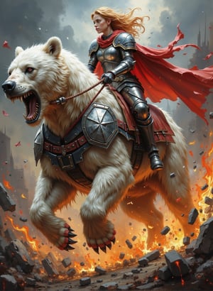 Against a backdrop of fiery devastation, a young female warrior clad in armor with flowing ginger hair riding on a powerful white bear, its skeletal visage snarling beneath armored plating as flames erupt from hooves. The warrior's determined grip on reins conveys unstoppable momentum amidst swirling dust and debris. Shining red cape and illuminated armor highlights contrasted against the dark fantasy setting.