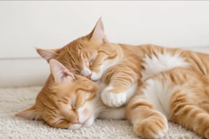 A close-up shot of 2 serene cats sleeping together on soft rug, closed eyes relaxed in a gentle smile. Soft, natural light illuminates the fur, accentuating the texture and subtle whisker movements. The camera frames the cats' peaceful form, excluding all human presence, and focuses entirely on the animal's tranquil slumber.