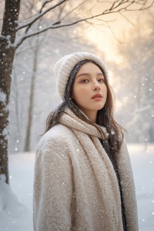 an realistic portrait of a girl gracefully standing under a snowfall, highlighted by the soft glow of the falling snowflakes. detailed face with wonder and innocence eyes. dreamliked scene with glistening snow-covered trees and a hushed tranquility. The image is digitally painted to showcase intricate details and textures. The soft lighting, diffused glow, casting a warm and inviting ambiance. slightly low angle view, emphasizing her delicate silhouette against the snowy backdrop. The image is finely detailed, ultra-resolutio, immersing viewers in the captivating beauty of a winter wonderland.
