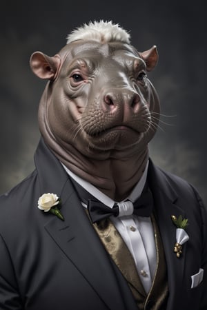 A dignified elderly hippo head gentleman with a majestic white pompadour and a neatly trimmed beard, dressed in a crisp formal suit, stands solo against a subtle background. His piercing gaze meets the viewer's as he proudly wears a ribbon-adorned hairpiece featuring animal ears.