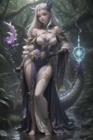 Beautiful woman, 22yo, solo, full body shot.
Long, flowing, purple hair with a slight shimmer, cascading down to her waist.
Deep green, glowing eyes with arcane energy. Pale skin with a hint of luminescence, almost ethereal. Tall and slender, Elegant, dark blue robes adorned with silver runes and mystical symbols. A silver circlet with a single amethyst gem rests on her forehead. Wears fingerless gloves with intricate embroidery.
standing In the center of Enchanted Forest surrounded by lush, ancient trees with one hand holding her staff and the other casting a spell, fingers splayed with magical energy crackling between them. A small, ethereal dragon perched on her shoulder. swirling magical aura around her, with small sparks and mystical symbols in the air. 3D MODEL