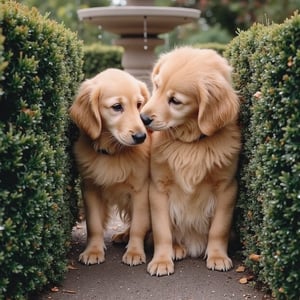 a pair of golden retriever puppies are perched in a garden, Both puppies have a black collar around their necks, adding a touch of warmth to the scene. The background is blurred, with a fountain in the distance.