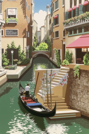 Hiroshi Nagai style art. a gondola is floating on the water's edge. The water's surface is a vibrant green, with reflections of the sky and clouds in the water. The boat's interior is adorned with a blue seat and a black railing. The gondolier is positioned on the left side of the frame, facing the viewer. On the right side, a stone wall serves as a walkway with stairs leading up to a restaurant. The restaurant has a red awning over it, adding a touch of color to the scene.