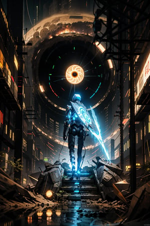 Amidst the neon-lit cityscape, a black and white cyborg strides forward, an embodiment of power and equilibrium. His armor shimmers with a blend of circuitry and ancient motifs. As he charges ahead, his colossal mace strikes the ground, sending shockwaves of energy rippling through the cyber-metropolis. Debris rises, forming a temporary barrier, while the ground cracks with technicolor brilliance. The urban environment bows to his presence, as he carves a path through the war zone, eye contact, 3d_portrait, futubot 