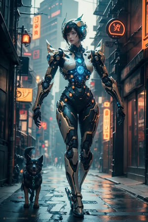 masterpiece, high detailed, masterpiece, professional, bold colors, awe inspiring, action scene, HDR, biomechanical fusion of organic cyborg,  mix of the past and future, intricately detailed mechanisms, articulated joints, bio-luminescent circuitry, patrol with her mecha patrol dog on Soho street