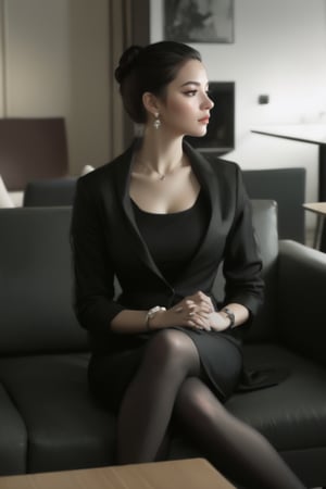 A stunning young woman sits elegantly on a luxurious couch, her long black hair styled in a sleek bun. She wears a form-fitting black skirt, black pantyhose, and a fitted suit jacket that accentuates her curves, adorned with delicate jewelry. Her crossed legs are held together by her own hands, exuding confidence and poise. The indoor setting is dimly lit, with the soft glow of nearby lamps casting a flattering ambiance on her striking features.
style of Simón Prades, Ismail Inceoglu, Ashley Wood, obscure, loose and expressive, broad brushstrokes, grays, whites, subtle skin tones, ethereal and moody atmosphere.