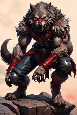 dystopian art,  werewolf, anthropomorphic creature with human-like body but wolf-like head, epic fantasy character art, red cape, gauntlets, helmet, background with red moon reising, DnD, in the style of realistic and hyper-detailed renderings, 8k, detailed eyes, epic, dramatic, fantastical, full body, intricate design and details, dramatic lighting

