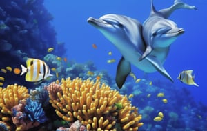 2 dolphins are soaring happily together through the water with lot of coral fishes around them, adding a pop of color to the scene. In the background, a coral reef can be seen. The coral reef is a vibrant orange, with a few more coral reefs visible in the background.