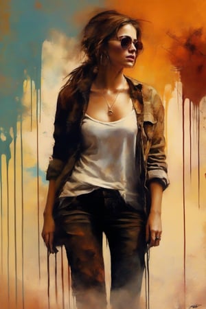 (masterpiece), (best quality),(cinematic lighting), (epic), full body shot of a teenage girl, modern, brush strokes, muted colors, on textured canvas, dramatic, shallow depth of field, epic scene, digital painting, very intricate, by Milo Manara and Russ Mills (masterpiece, best quality:1.4), (beautiful, perfect, rugged, intricate, aesthetic:1.2), dynamic cowboy angle view,dripping paint