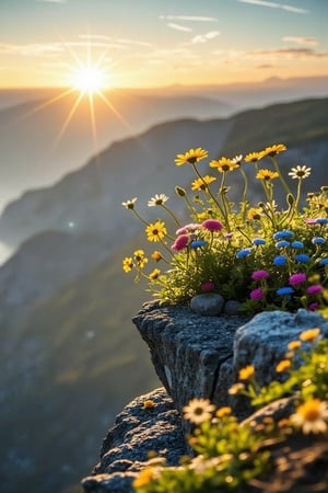 a bouquet of daisies, adding a touch of color to the scene. The flowers are arranged on a rocky cliff, adding depth to the composition. The backdrop, a mountain range can be seen, with a bright sun shining down on the left side of the image. The sun's rays are streaming across the sky, creating a vibrant contrast to the rocky cliff.