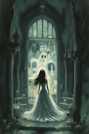 reminiscent of Tim Burton's signature cartoon style, a young woman in a wedding dress, standing in a surrreal, inside a dark, old abandoned chapel , surrounded by joyful ghosts and spirits. The scene feels dreamlike, with eerie details and high-contrast lighting