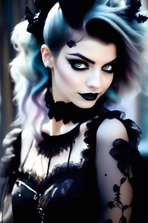(masterpiece, top quality, best quality, official art, beautiful and aesthetic:1.2), (gothic_girl), light smile, black lace dress, intricate dress, highest detailed, zoom_out, perfect eyes, random hairstyle, silver filigree, chiffon, tulle, silver threads, beautiful full black lips, eye drawing, tuxedo eyes, long fluffy lashes, bohemian, ct-niji2,scenery,HZ Steampunk,pastel goth