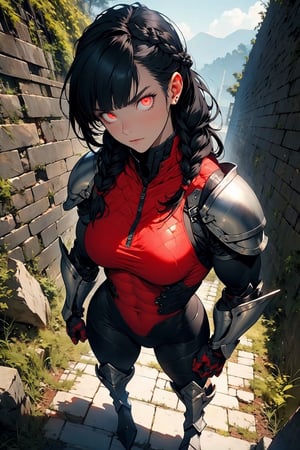 Beautiful 27 year old woman, ((red glowing eyes)), ((strong physique body)), (black hair), long_hair: 1.3, hair braid, bangs, serious look, hourglass body shape, detailed eyes, normal breasts quality, slim waist, (((strong physique body))), upper body knight armor, gauntlets, (detailed armor), lower body armor, broken stone floor, broken stone wall, fire surrounding, ((full-body_portrait))