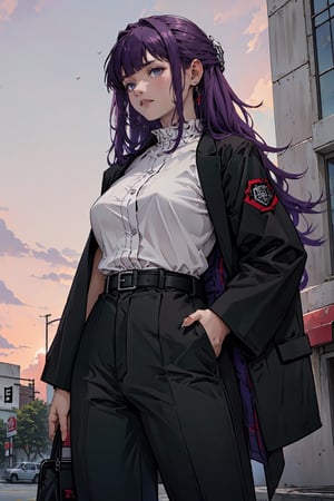 1girl, 18 years old, standing in front of store, big breast, long purple hair,((red_sky)), big rock,more detail XL,A teenager girl ,niji style,More Detail, mall_background,black business suit, white shirt, black trouser, black belt, aafern