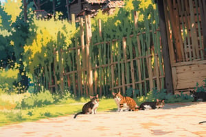 (masterpiece:1.2), (best quality), (ultra detailed), (8k, 4k, intricate),(highly detailed:1.2), (detailed background), wooden fence in between houses, two cats in the middle, foliages