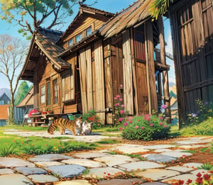 (masterpiece:1.2),  (best quality),  (ultra detailed),  (8k,  4k,  intricate), (highly detailed:1.2),  (detailed background),  wooden fence in between houses,  two cats in the middle,  foliages
