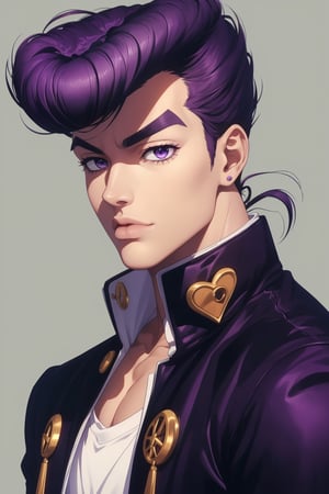 anime, masterpiece,  best quality,  anime,  highly detailed face,  perfect anatomy,  1boy,  solo,  close up,  portrait,  purple_eyes,  Muscular,  pectorals,  pompadour haircut,  dark_purple_hair,  male focus,  black_gakuran, gakuran_ornaments, 1boy, dark_purple_hair, 
,1boy