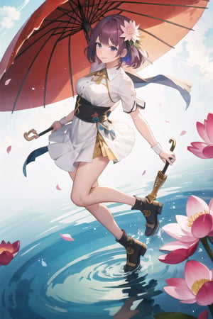 masterpiece,best quality,1girl,solo,ultra-detailed,very detailed illustrations,extremely detailed,intricate detailed,highres,super complex detailes,extremely detailed 8k cg wallpaper,low angle,full body caustics,reflection,rays,short purple hair, white dress,smile,blush,black eyes,looking at viewer,cherry blossom background,no_humans,scenery,flower falling umbrella, lotus, flower,weapon, water,raeliana,ph_Mar golden light sparkling