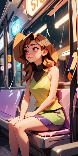 realistic, 1girl siting on seat and looking out of the window of subway train, watching rain outside of window, dark city brown hair ,multicolored eyes, glowing, brown eye, purple eye, bare shoulders, magic circle, light particles, light rays, raining outside of train, high quality 