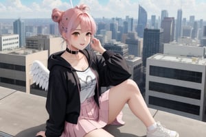 (anime),masterpiece,the Gil sitting on roof top looking at the city at day time, best quality, 1girl, solo, smile, open_mouth, skirt, shirt, hair_ornament, pink_hair, jacket, pink_hair, multicolored_hair, pleated_skirt, wings, choker, hairclip, hood, pink_eyes, hair_bun, chibi, black_shirt, double_bun, black_choker, blush, white_skirt, feathered_wings, angel_wings, white_wings, sky, flying, halo, hand up, skyscraper, angel, from top, cityscape, scenery, yellow bae , high quality 