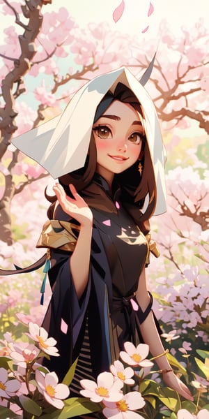 realistic, 1girl standing, smiling looking front, black hair (from the image provided) sakura tree blooming background brown hair ,brown eyes, glowing, bare shoulders, magic circle, light particles, light rays, flower falling ,high quality 