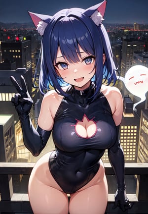 (masterpiece, best quality:1.4), 1girl, solo, ghost girl, mask ghost_in_a_face, Cleavage_cutout, night_city, red_hair, character, blue_hair, city, tokio, smile fangs, love eyes, cute smile, cat ears,  average breasts, girly_clothing,  the roof of the house, beautiful background, city_background, cat gloves, sexy pose, helicopter