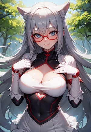 (masterpiece, best quality:1.4), 1girl, solo, blue eyes, red glasses, average breasts, bloody hands, grey hair, cute smile, love eyes, white forest, top_whear, сleavage cutout 