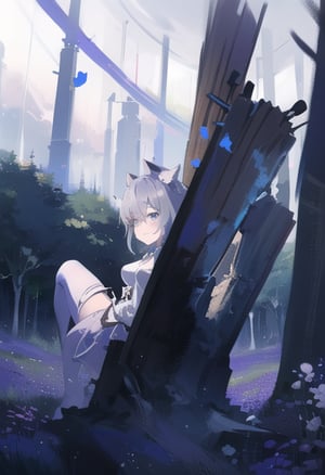 (best quality:1.4), 1girl, solo, blue eyes, small breasts, grey hair, cat ears, average breasts, big_fangs, bones, right hand at the waist, hand_raised, genshinweapon, katana, ciberpunk, Flatorte, small hands, purple flowers, sweet smile,
background forest, white forest, wood, ,asuna yuuki,no_humans