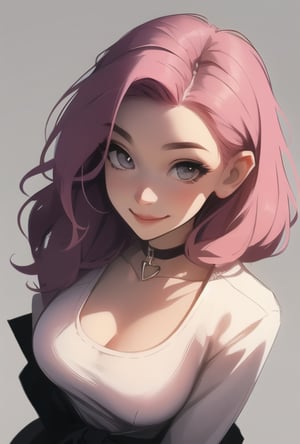 (best quality:1.4), 1girl, solo, average breasts,  cute_smile, Deep pink hair,SAM YANG,Detailedface, choker, сat ears band, open waist, view from above, topic
