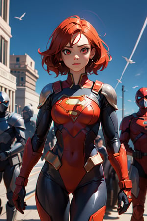Highres, best quality, extremely detailed, female latex, supergirl, orange suit, red hair, black armor, flying, red eyes, overlooking an army, horror style, area lighting, hourglass_figure, HD, 8k
