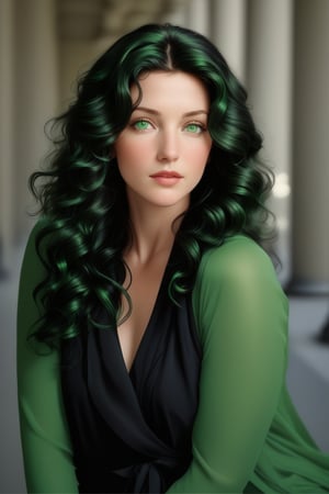 Beautiful Woman, Green eyes, black wavy hair, Photorealistic, Detailed, Professional Photography, Natural Lighting, Annie Leibovitz style, complex, elegant 