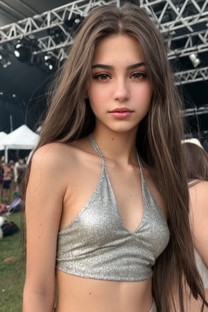 18 year old waif-like model, brown eyes, full lips with lip gloss, thin face with a touch of silver glitter, long brown hair, wearing halter top at an outdoor music festival