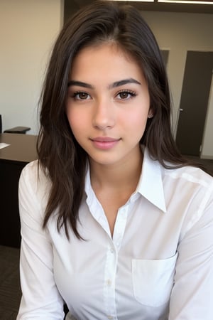 photo of 18 y.o american waif-like model, brown eyes, seductive look, full lips, white shirt, at a corporate office, warm lighting, detailed skin, detailed eyes