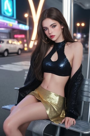 imagine; fit teen model, blue eyes, full lips with lip gloss, thin face with make-up, long brown hair, seductive look, wearing gold glitter halter and a black mini skirt waiting at a bus stop at night with neon hotel signs in the backgound